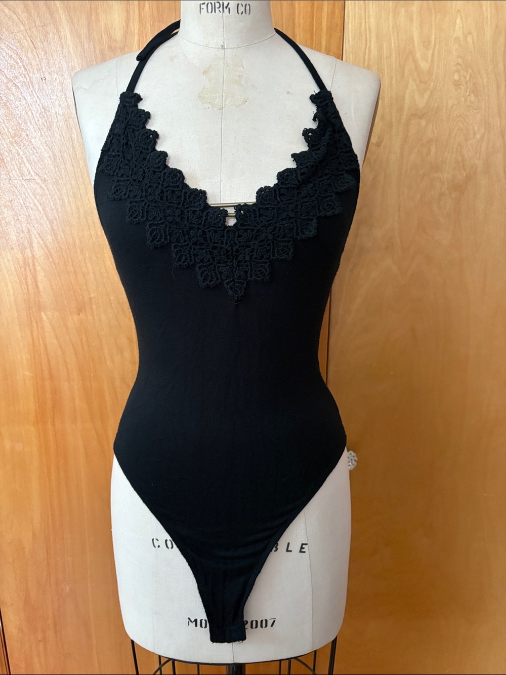 Intimately Free People Black Crochet Lace Halter Bodysuit S P